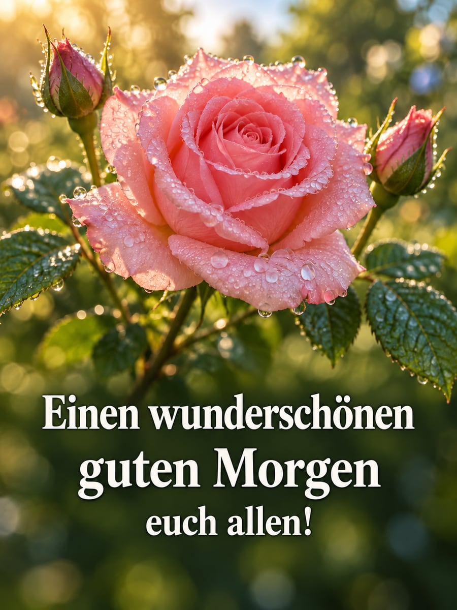 Guten-Morgen-Bild mit dem Text „Einen wunderschönen guten Morgen euch allen!“ – Motiv: Rose, Morgentau, Garten, Bokeh