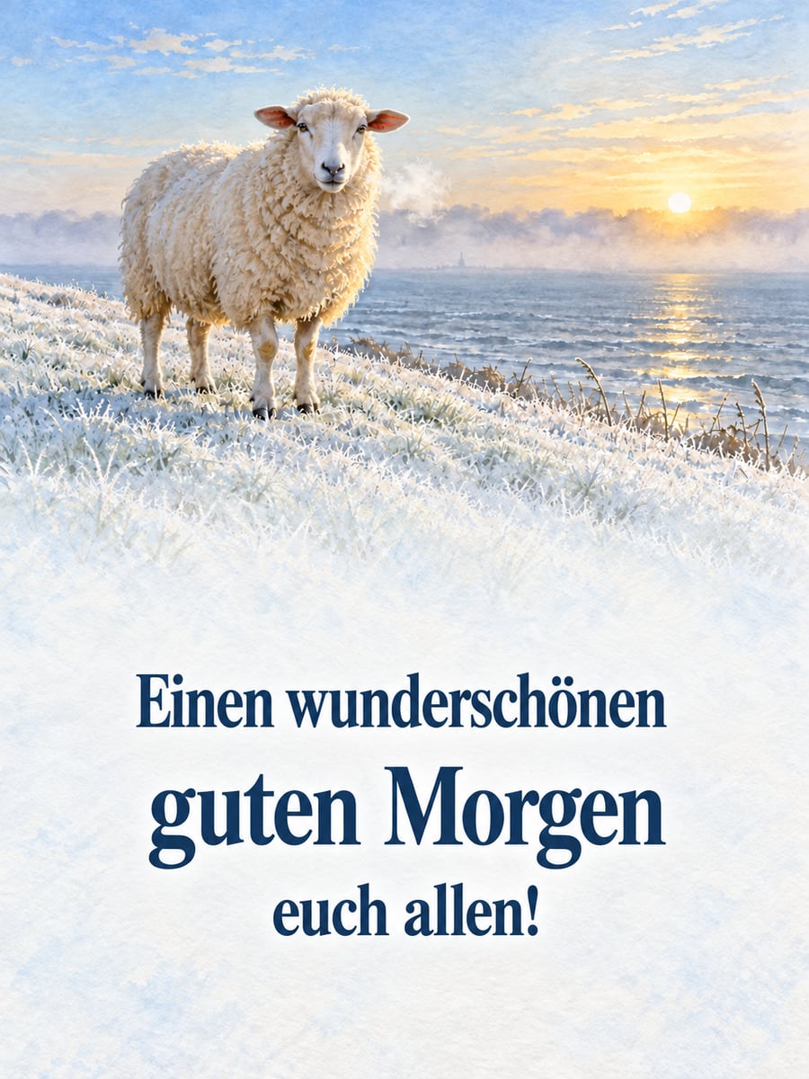 Guten-Morgen-Bild mit dem Text „Einen wunderschönen guten Morgen euch allen!“ – Motiv: Schaf, Deich, Raureif, Meer