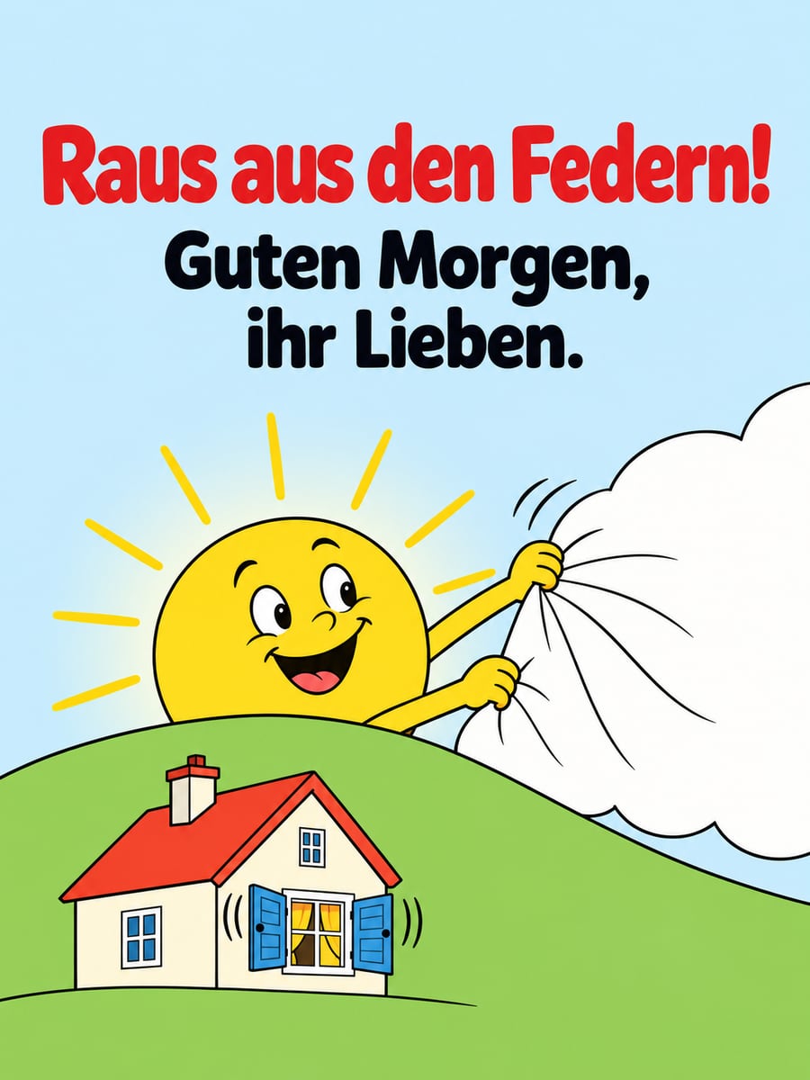 Guten-Morgen-Bild mit dem Text „Raus aus den Federn!“ und „Guten Morgen, ihr Lieben.“ – Motiv: Sonne, Wolke, Hügel, Häuschen