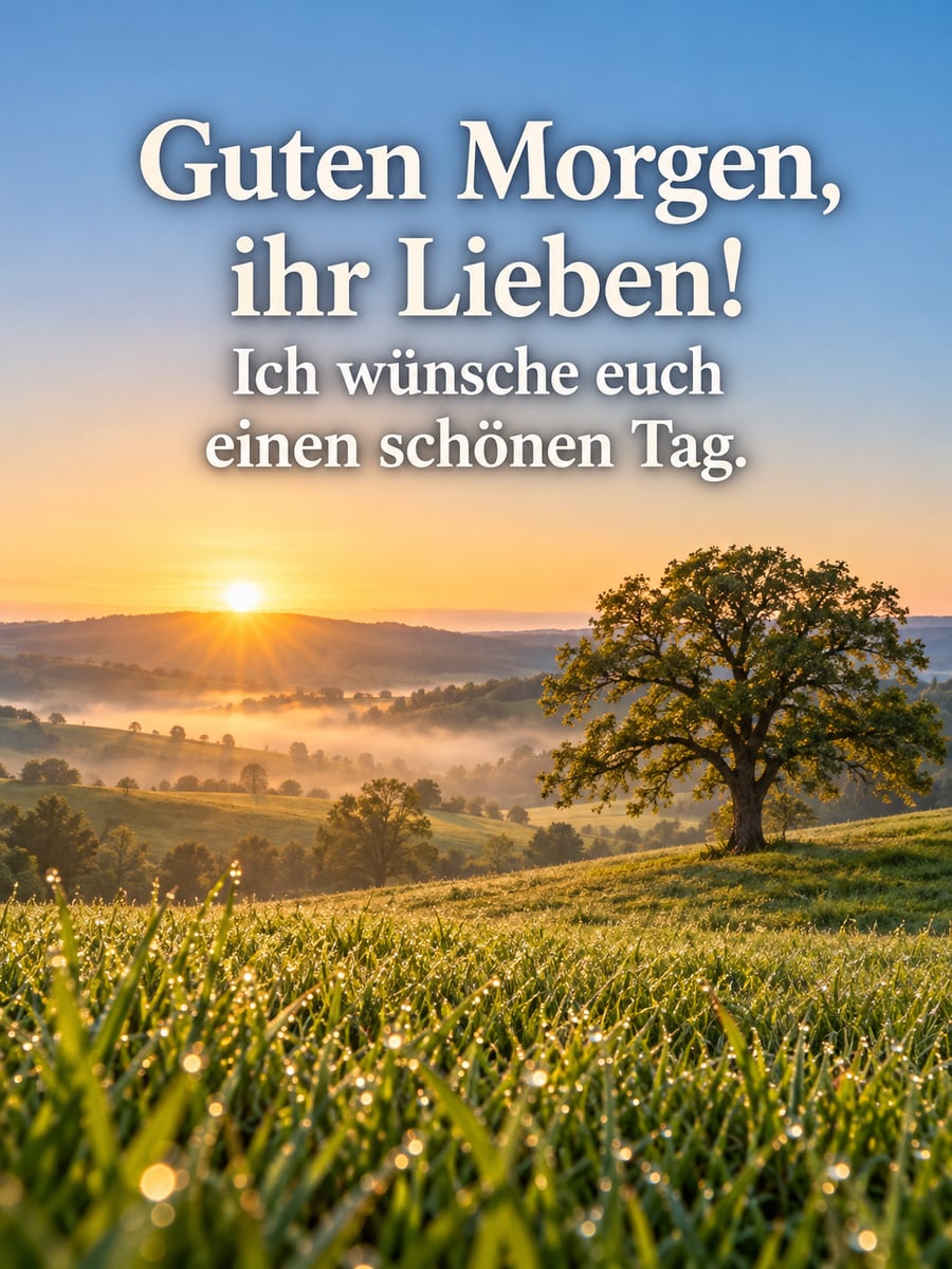 Guten-Morgen-Bild mit dem Text „Guten Morgen, ihr Lieben!“ und „Ich wünsche euch einen schönen Tag.“ – Motiv: Sonnenaufgang, Hügel, Eiche, Morgentau