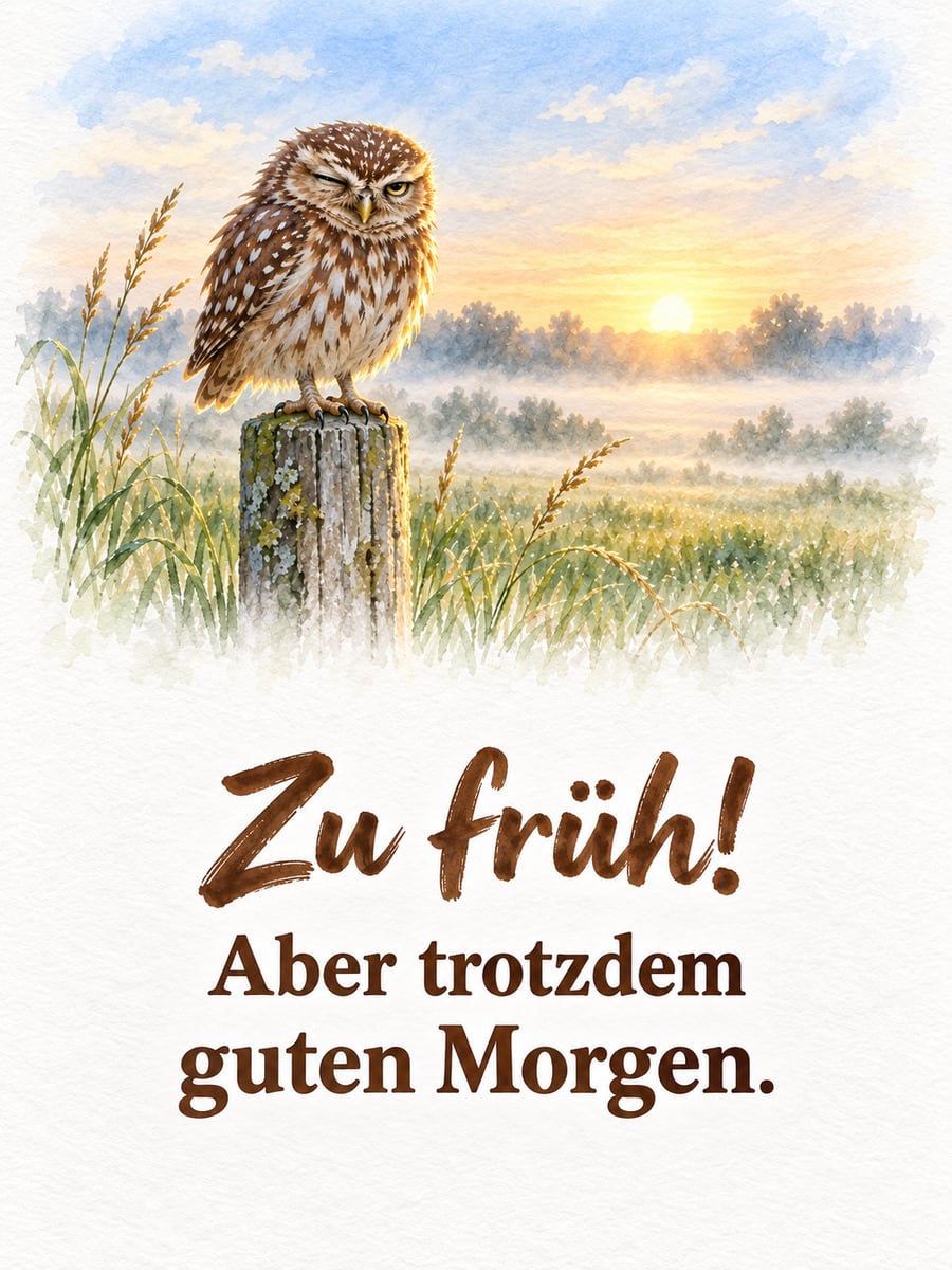 Guten-Morgen-Bild mit dem Text „Zu früh!“ und „Aber trotzdem guten Morgen.“ – Motiv: Steinkauz, Zaunpfahl, Wiese, Morgennebel