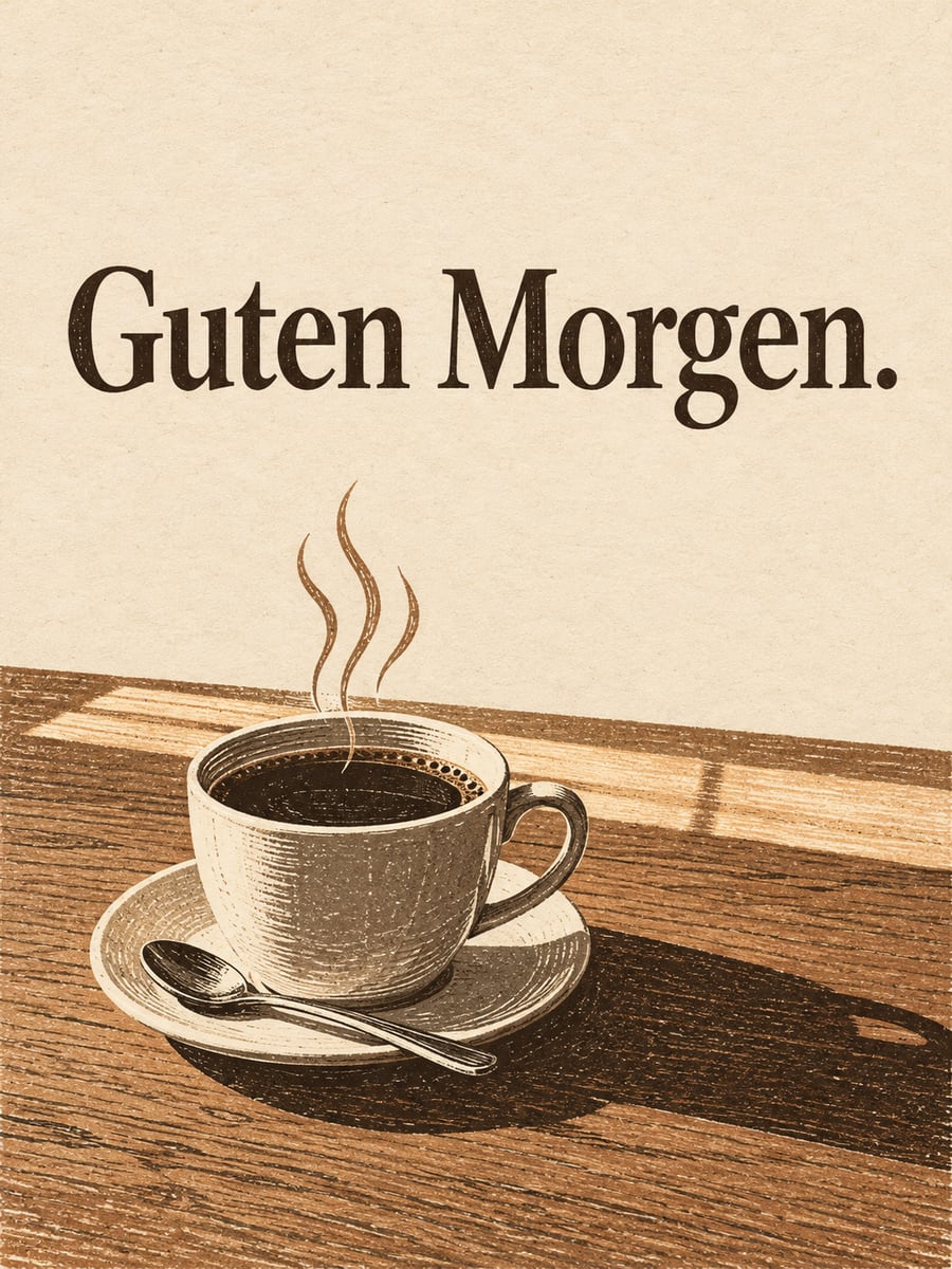 Guten-Morgen-Bild mit dem Text „Guten Morgen.“ – Motiv: Kaffeetasse, Schatten, Dampf, Linoldruck