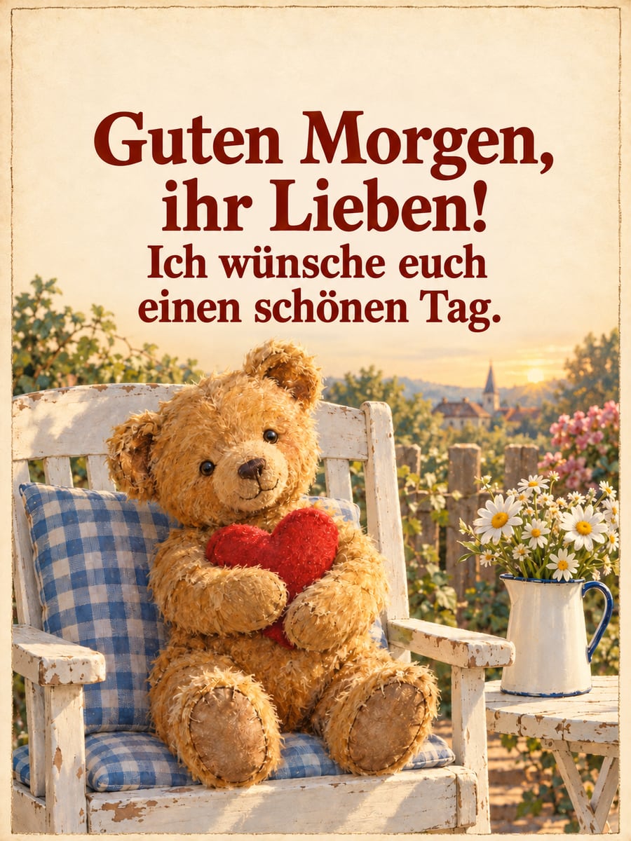 Guten-Morgen-Bild mit dem Text „Guten Morgen, ihr Lieben!“ und „Ich wünsche euch einen schönen Tag.“ – Motiv: Teddybär, Herz, Gartenstuhl, Gänseblümchen