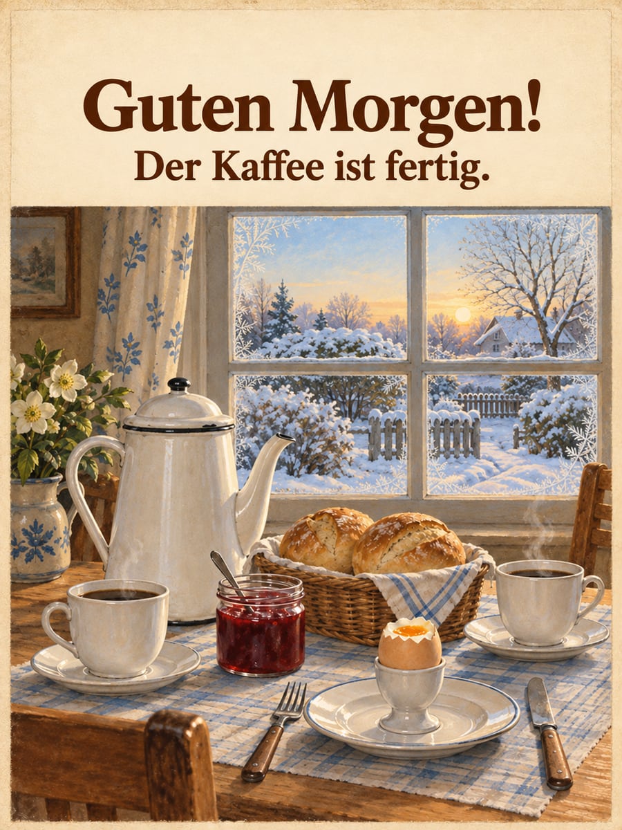 Guten-Morgen-Bild mit dem Text „Guten Morgen!“ und „Der Kaffee ist fertig.“ – Motiv: Frühstück, Kaffeekanne, Brötchen, Frühstücksei, Marmelade, Schnee