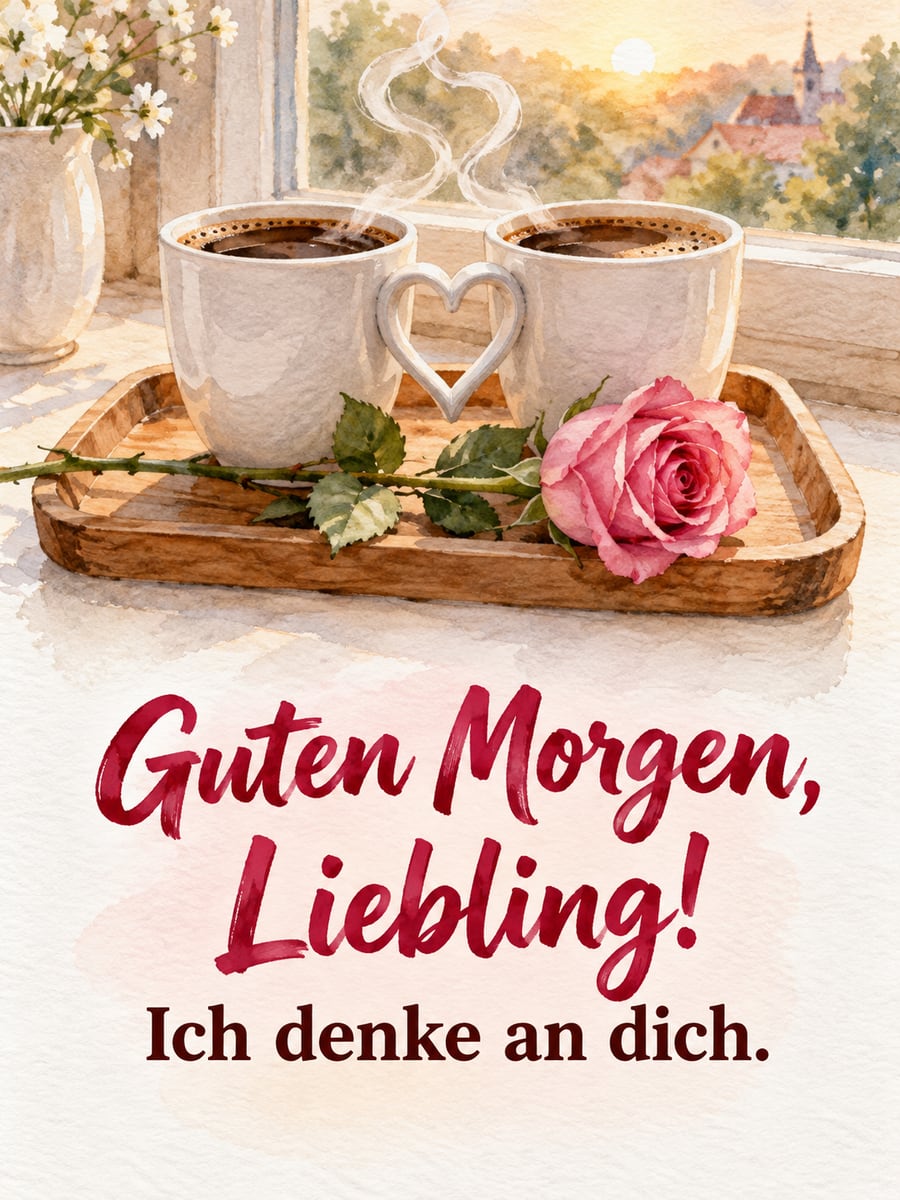 Guten-Morgen-Bild mit dem Text „Guten Morgen, Liebling!“ und „Ich denke an dich.“ – Motiv: Kaffeetassen, Herz, Rose, Tablett