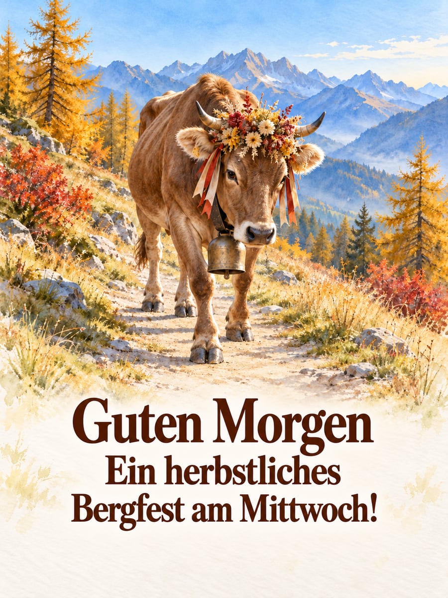 Guten-Morgen-Bild zum Mittwoch mit dem Text „Guten Morgen“ und „Ein herbstliches Bergfest am Mittwoch!“ – Motiv: Almabtrieb, Kuh, Kuhglocke, Lärchen, Bergfest