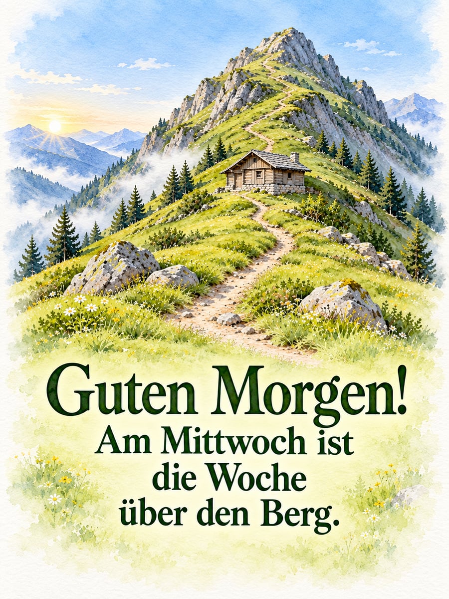 Guten-Morgen-Bild zum Mittwoch mit dem Text „Guten Morgen!“ und „Am Mittwoch ist die Woche über den Berg.“ – Motiv: Almweg, Berghütte, Alpen, Bergfest