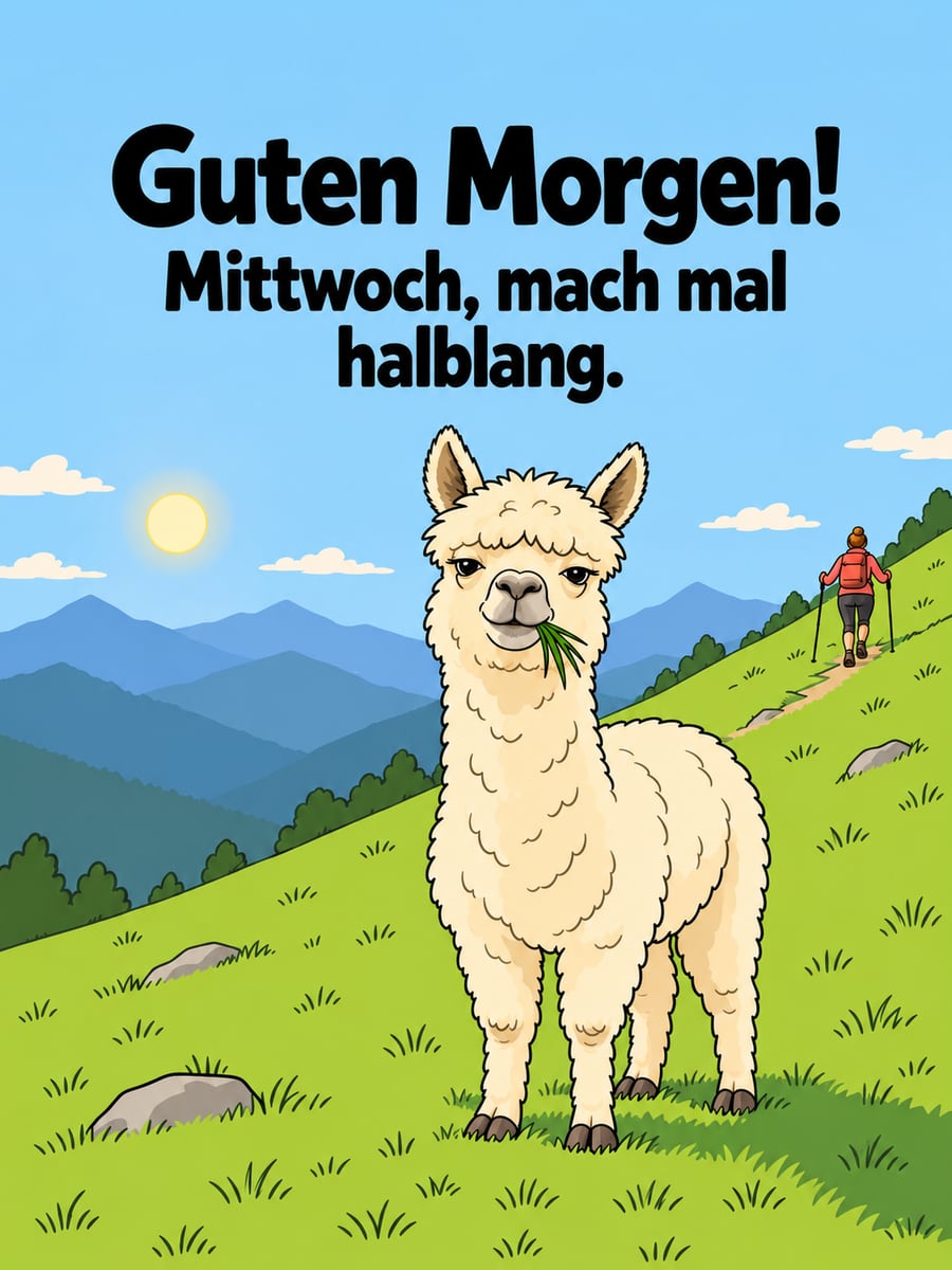 Guten-Morgen-Bild zum Mittwoch mit dem Text „Guten Morgen!“ und „Mittwoch, mach mal halblang.“ – Motiv: Alpaka, Almwiese, Wanderer, Bergfest