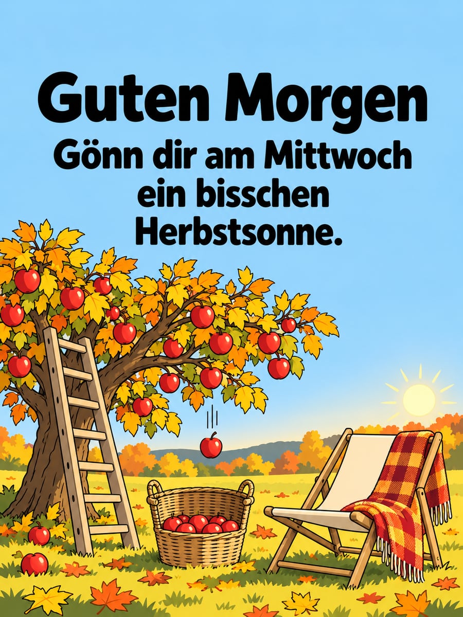 Guten-Morgen-Bild zum Mittwoch mit dem Text „Guten Morgen“ und „Gönn dir am Mittwoch ein bisschen Herbstsonne.“ – Motiv: Apfelernte, Leiter, Korb, Liegestuhl, Herbstsonne