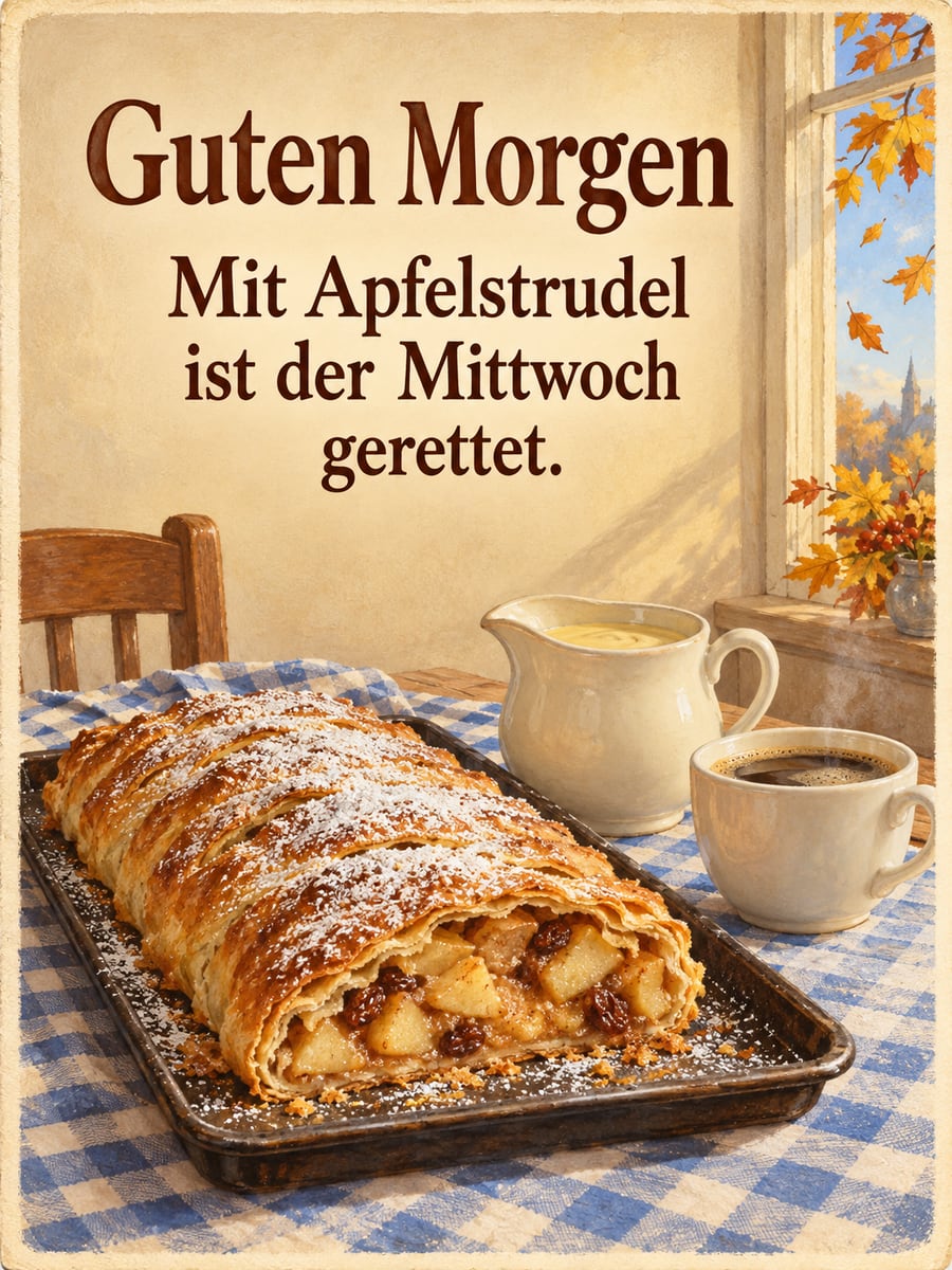 Guten-Morgen-Bild zum Mittwoch mit dem Text „Guten Morgen“ und „Mit Apfelstrudel ist der Mittwoch gerettet.“ – Motiv: Apfelstrudel, Backblech, Vanillesoße, Küche