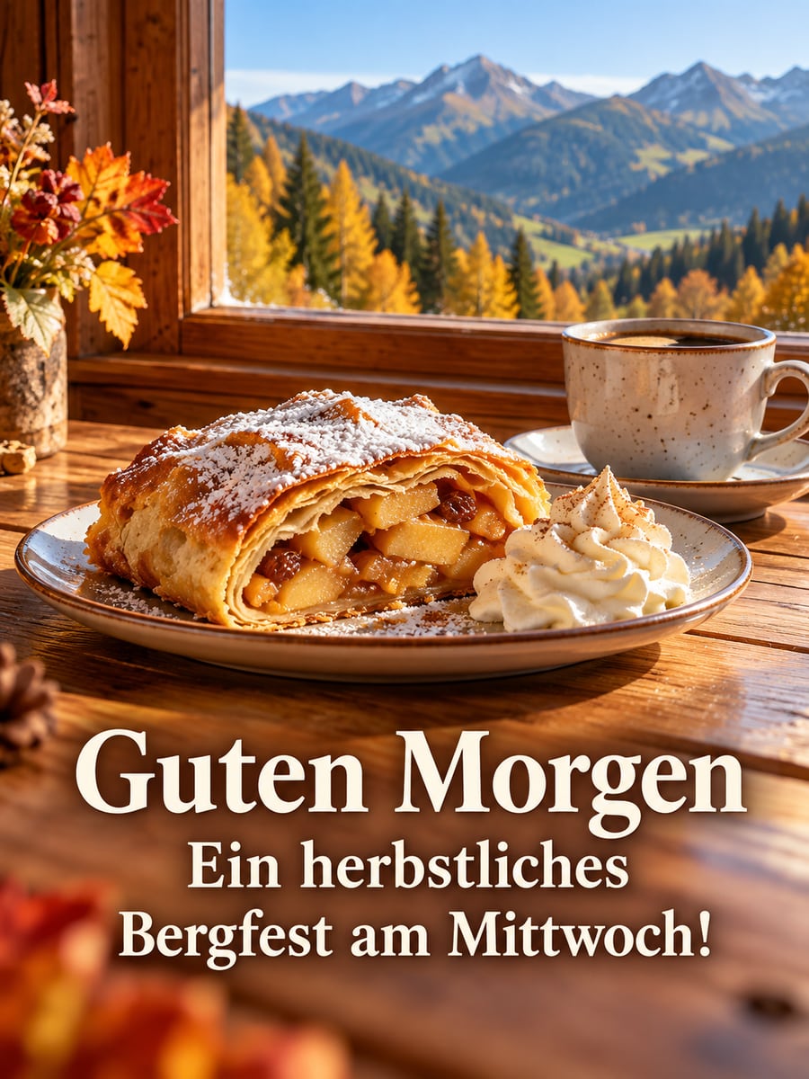 Guten-Morgen-Bild zum Mittwoch mit dem Text „Guten Morgen“ und „Ein herbstliches Bergfest am Mittwoch!“ – Motiv: Apfelstrudel, Sahne, Herbst, Berghütte, Bergfest