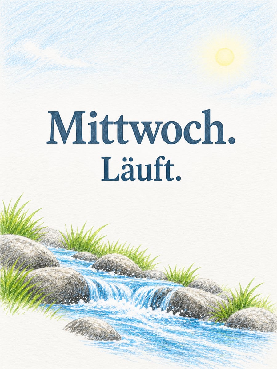 Guten-Morgen-Bild zum Mittwoch mit dem Text „Mittwoch.“ und „Läuft.“ – Motiv: Bergbach, Steine, Wasser, Buntstift