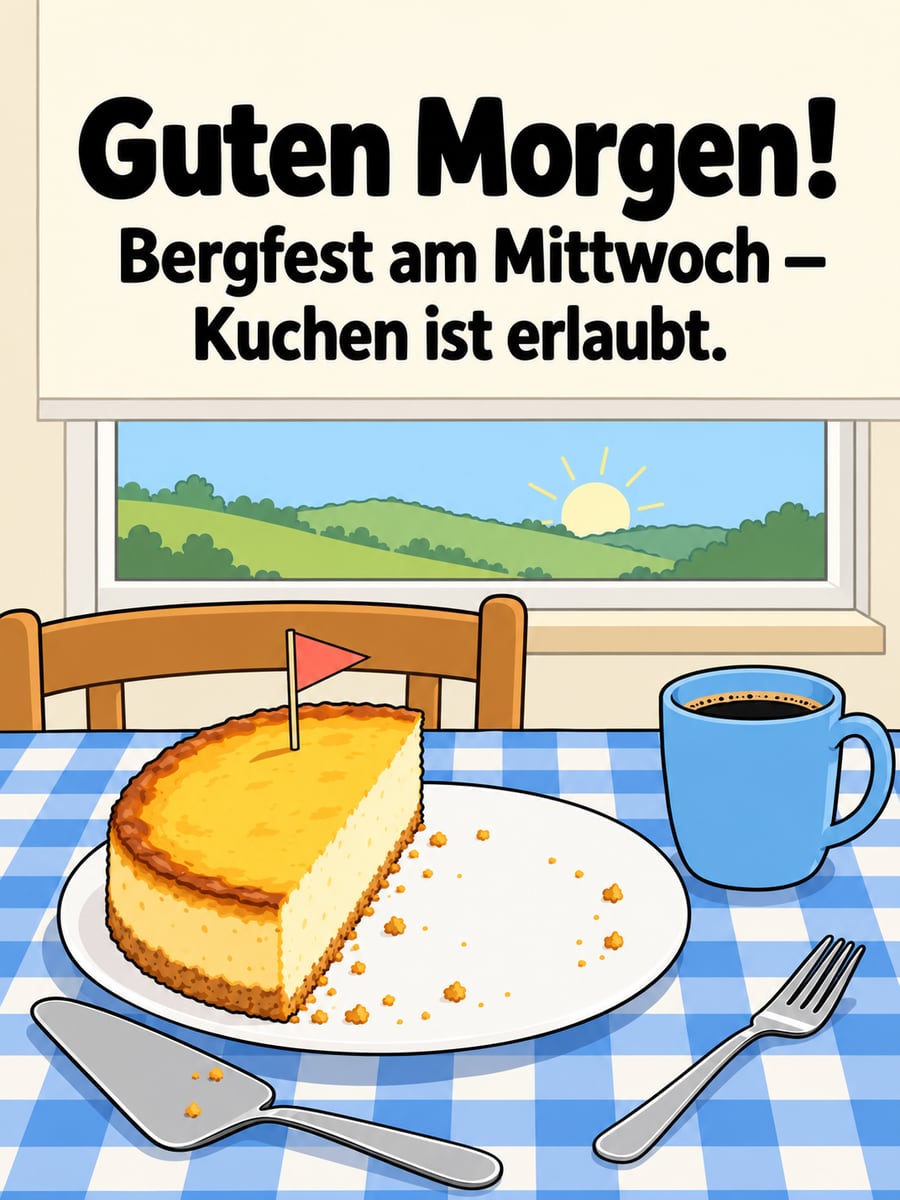 Guten-Morgen-Bild zum Mittwoch mit dem Text „Guten Morgen!“ und „Bergfest am Mittwoch – Kuchen ist erlaubt.“ – Motiv: Bergfest, Käsekuchen, Halbzeit, Wimpel