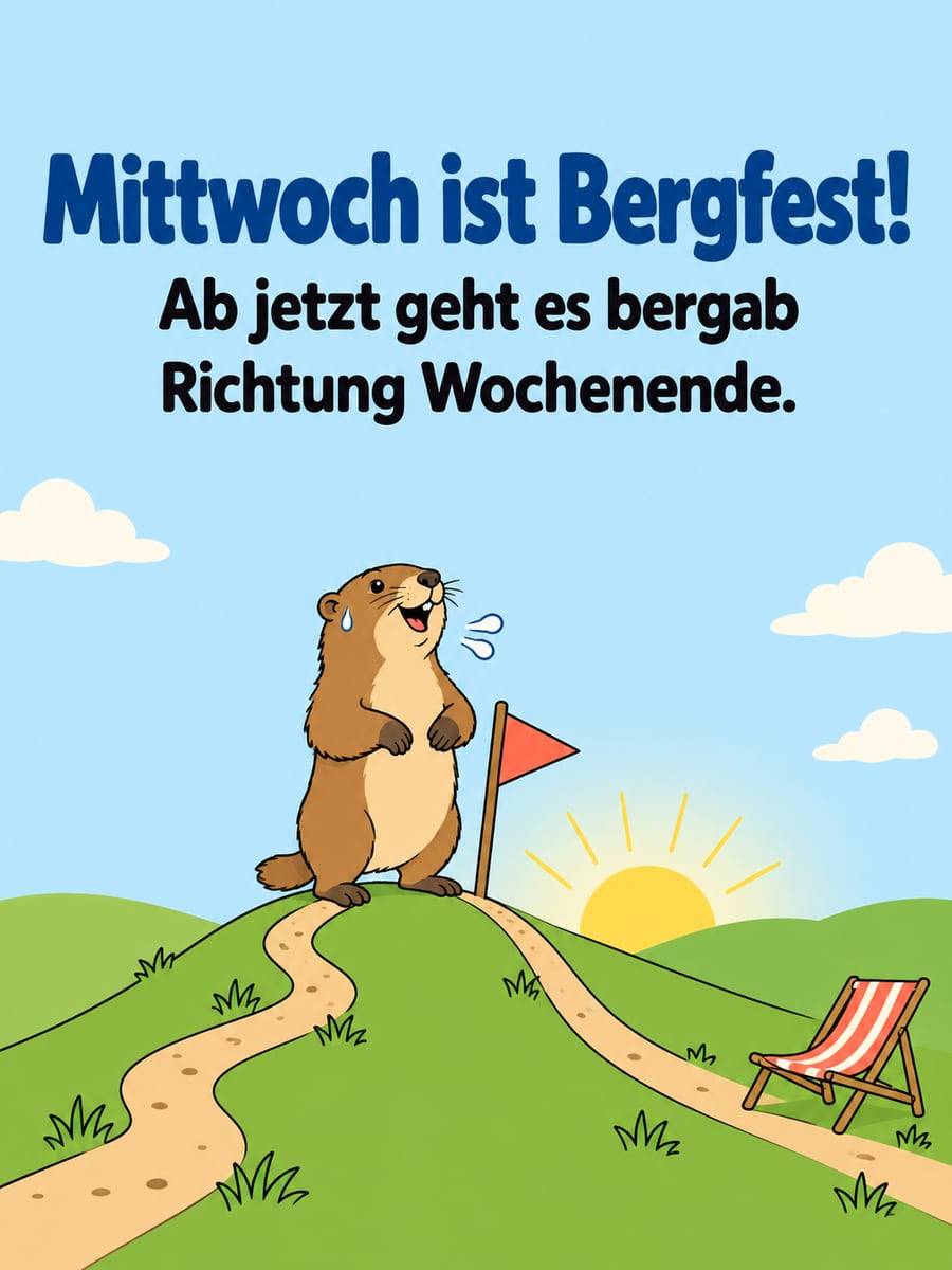 Guten-Morgen-Bild zum Mittwoch mit dem Text „Mittwoch ist Bergfest!“ und „Ab jetzt geht es bergab Richtung Wochenende.“ – Motiv: Murmeltier, Bergfest, Hügel, Fahne, Liegestuhl