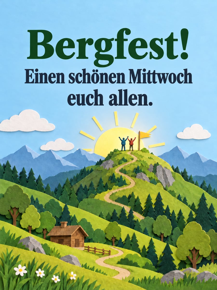 Guten-Morgen-Bild zum Mittwoch mit dem Text „Bergfest!“ und „Einen schönen Mittwoch euch allen.“ – Motiv: Bergfest, Gipfel, Wanderer, Wimpel, Hütte
