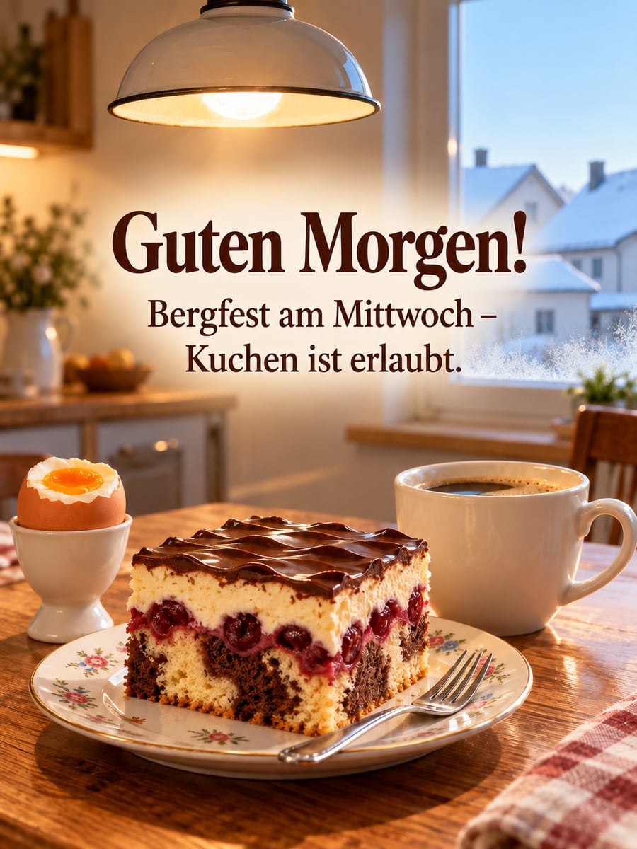 Guten-Morgen-Bild zum Mittwoch mit dem Text „Guten Morgen!“ und „Bergfest am Mittwoch – Kuchen ist erlaubt.“ – Motiv: Donauwelle, Küchenlampe, Frühstücksei, Winterfenster
