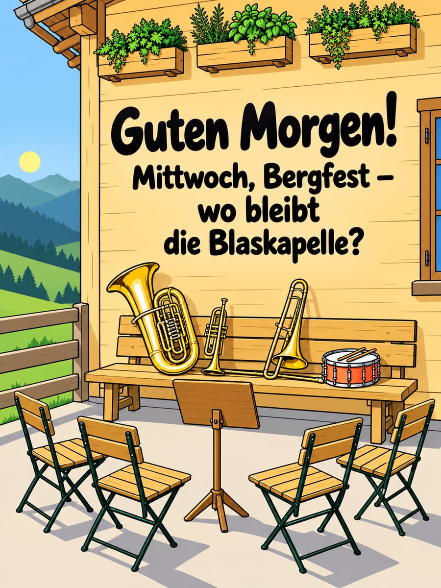 Guten-Morgen-Bild zum Mittwoch mit dem Text „Guten Morgen!“ und „Mittwoch, Bergfest – wo bleibt die Blaskapelle?“ – Motiv: Blaskapelle, Tuba, Berghütte, Bergfest