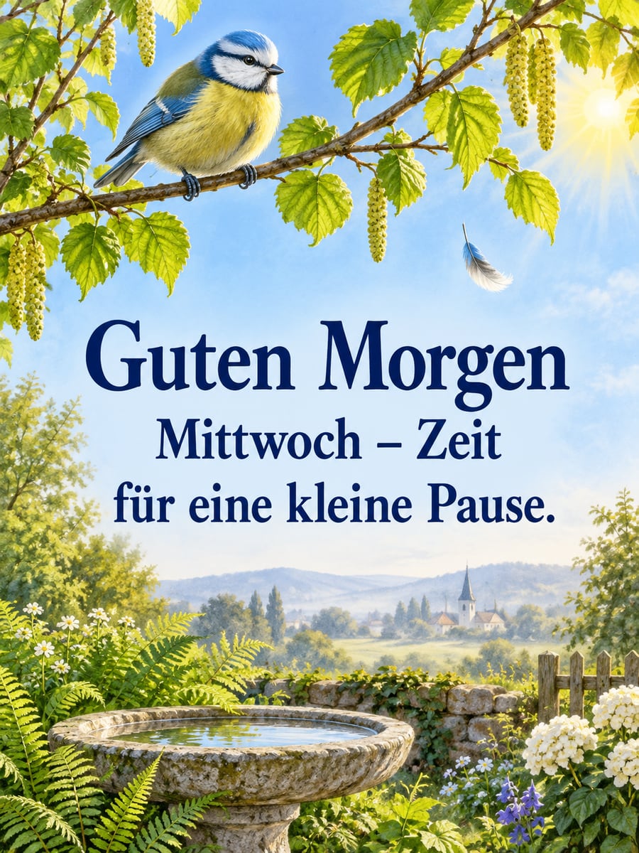 Guten-Morgen-Bild zum Mittwoch mit dem Text „Guten Morgen“ und „Mittwoch – Zeit für eine kleine Pause.“ – Motiv: Blaumeise, Haselzweig, Vogeltränke