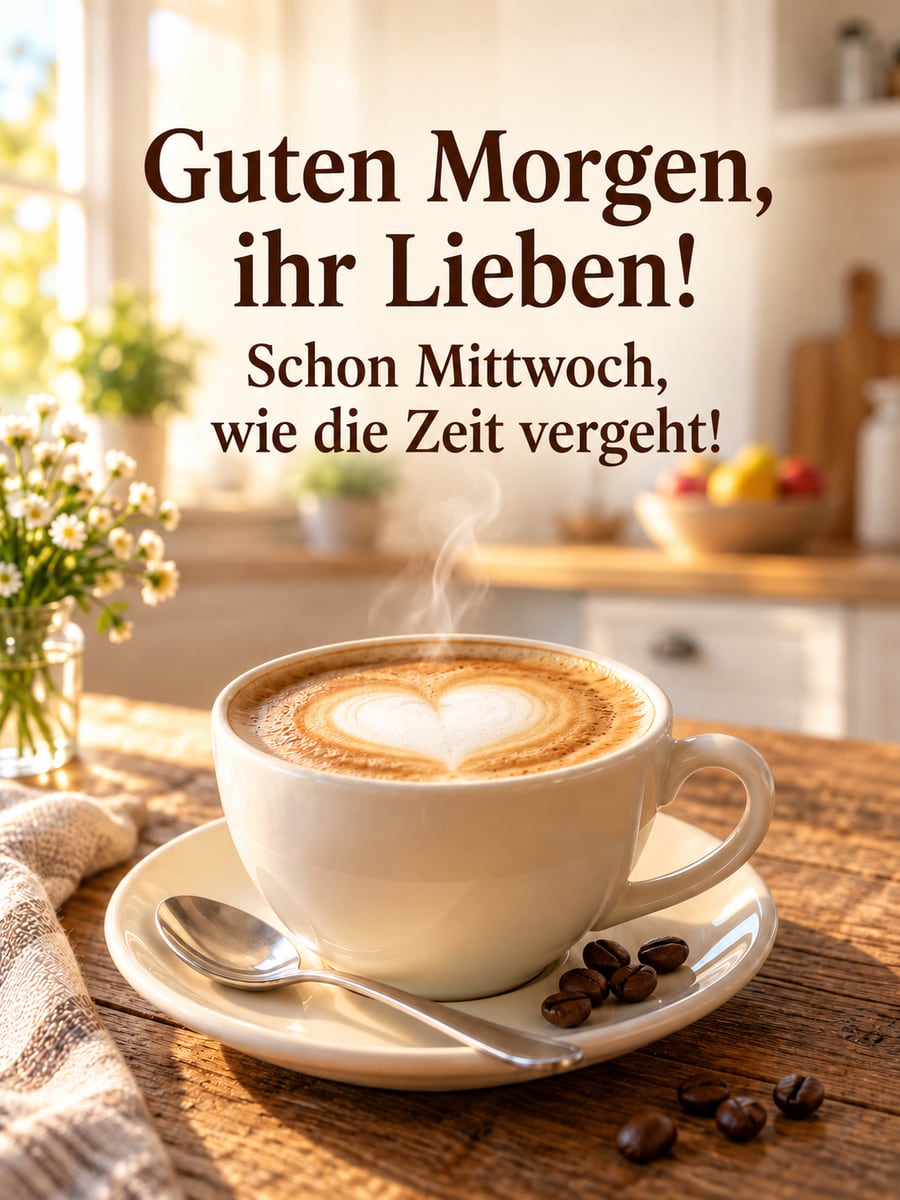 Guten-Morgen-Bild zum Mittwoch mit dem Text „Guten Morgen, ihr Lieben!“ und „Schon Mittwoch, wie die Zeit vergeht!“ – Motiv: Cappuccino, Milchschaum-Herz, Kaffeebohnen
