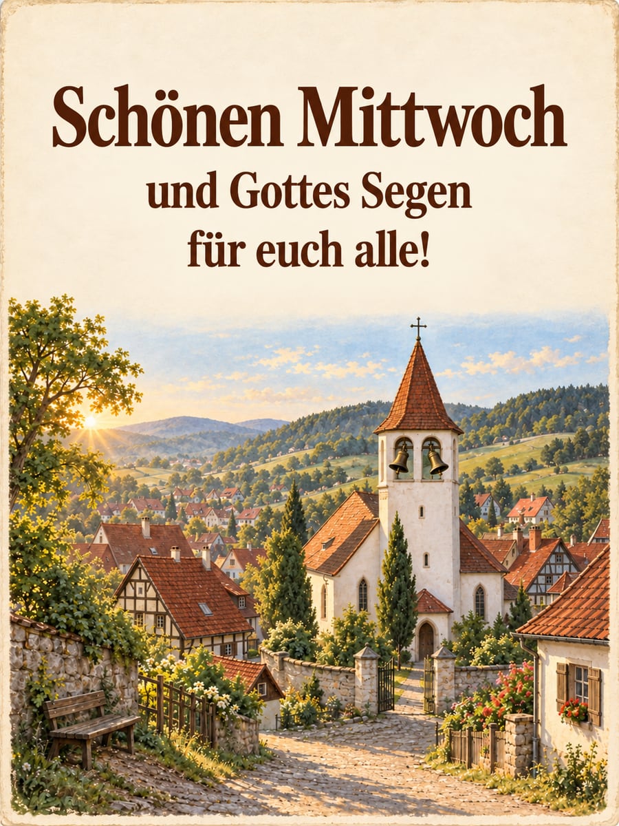 Guten-Morgen-Bild zum Mittwoch mit dem Text „Schönen Mittwoch und Gottes Segen für euch alle!“ – Motiv: Dorfkirche, Glocken, Fachwerk, Hügel