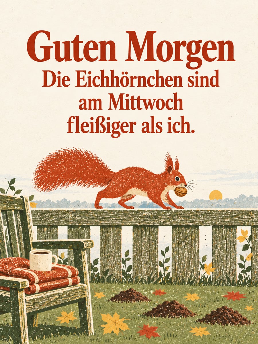 Guten-Morgen-Bild zum Mittwoch mit dem Text „Guten Morgen“ und „Die Eichhörnchen sind am Mittwoch fleißiger als ich.“ – Motiv: Eichhörnchen, Walnuss, Gartenzaun, Herbstlaub