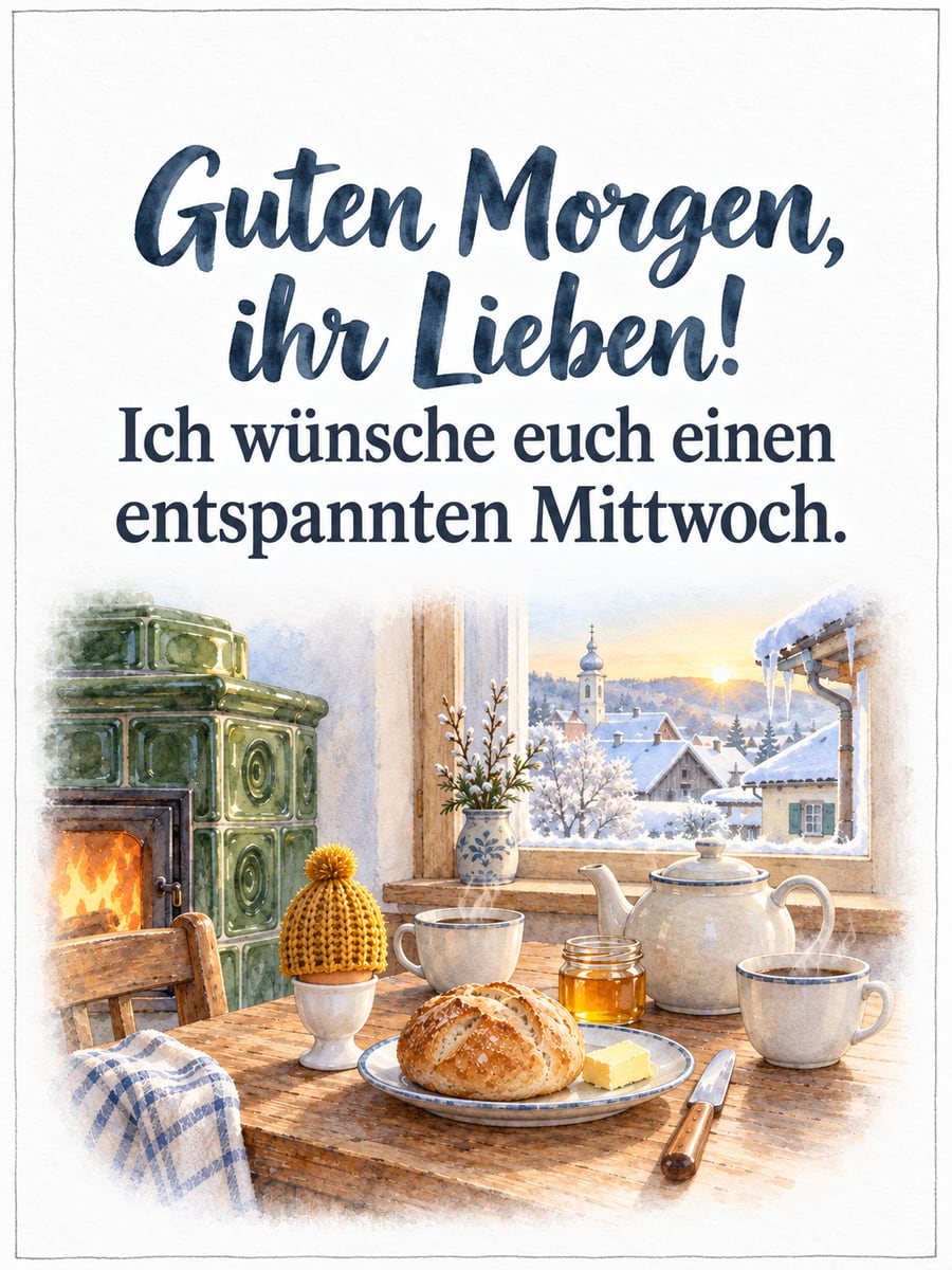 Guten-Morgen-Bild zum Mittwoch mit dem Text „Guten Morgen, ihr Lieben!“ und „Ich wünsche euch einen entspannten Mittwoch.“ – Motiv: Frühstück, Eierwärmer, Kachelofen, Brötchen, Schnee
