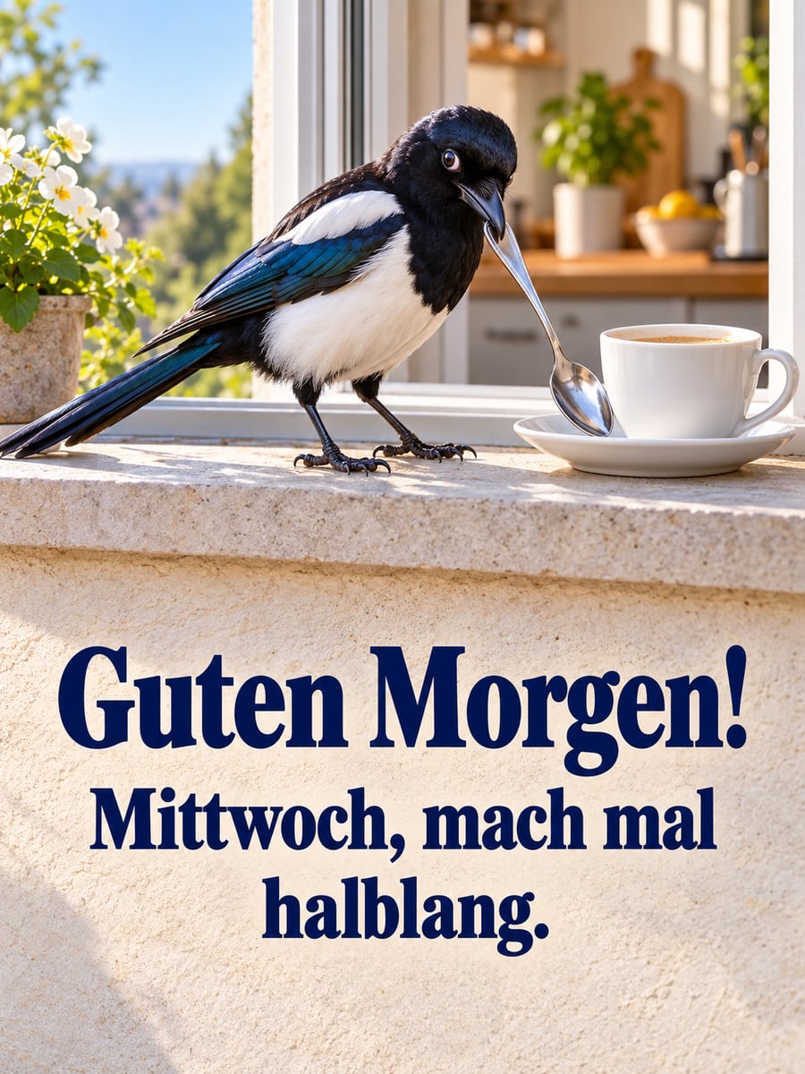 Guten-Morgen-Bild zum Mittwoch mit dem Text „Guten Morgen!“ und „Mittwoch, mach mal halblang.“ – Motiv: Elster, Teelöffel, Fensterbank, Kaffee