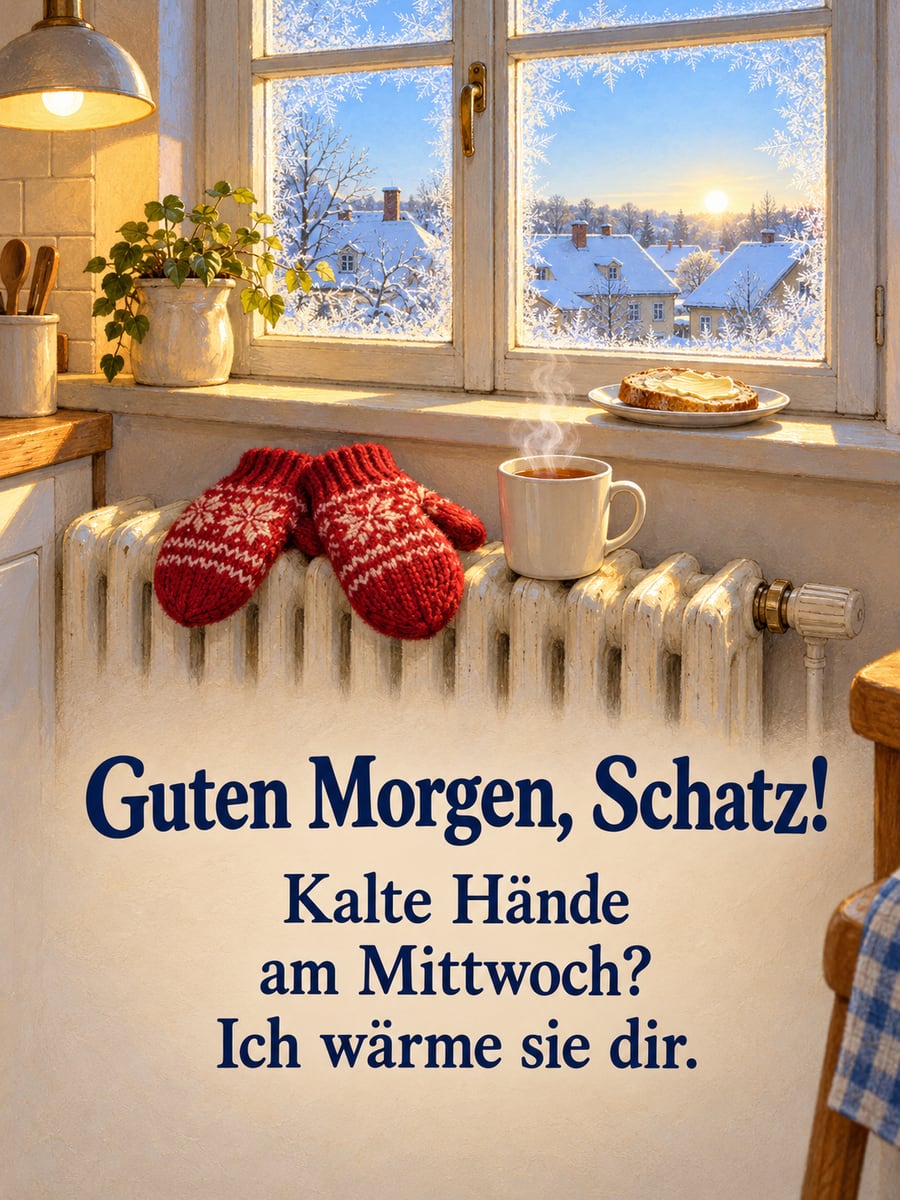 Guten-Morgen-Bild zum Mittwoch mit dem Text „Guten Morgen, Schatz!“ und „Kalte Hände am Mittwoch? Ich wärme sie dir.“ – Motiv: Fäustlinge, Heizkörper, Tee, Küche, Winter