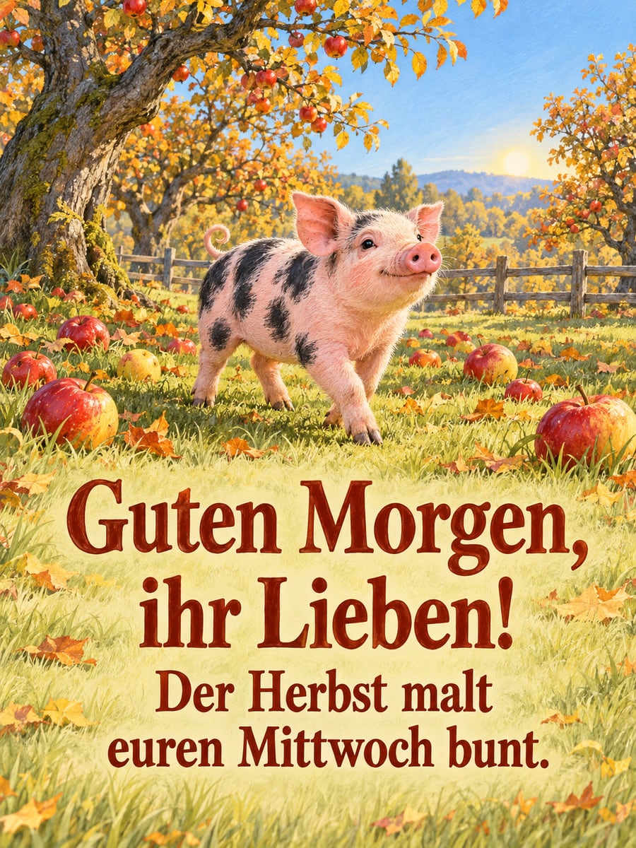 Guten-Morgen-Bild zum Mittwoch mit dem Text „Guten Morgen, ihr Lieben!“ und „Der Herbst malt euren Mittwoch bunt.“ – Motiv: Ferkel, Streuobstwiese, Äpfel, Herbst