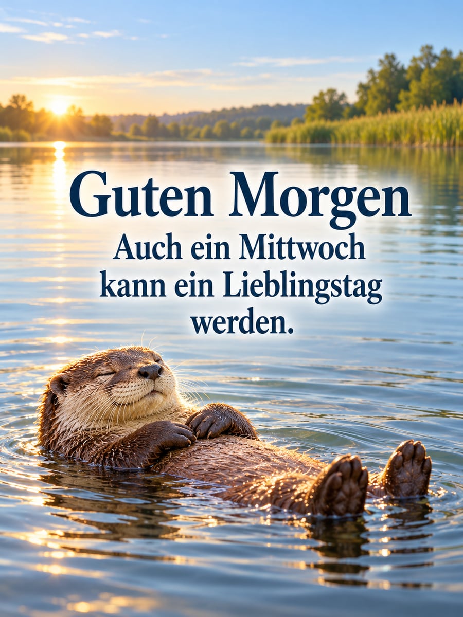 Guten-Morgen-Bild zum Mittwoch mit dem Text „Guten Morgen“ und „Auch ein Mittwoch kann ein Lieblingstag werden.“ – Motiv: Fischotter, See, Morgensonne, Entspannung