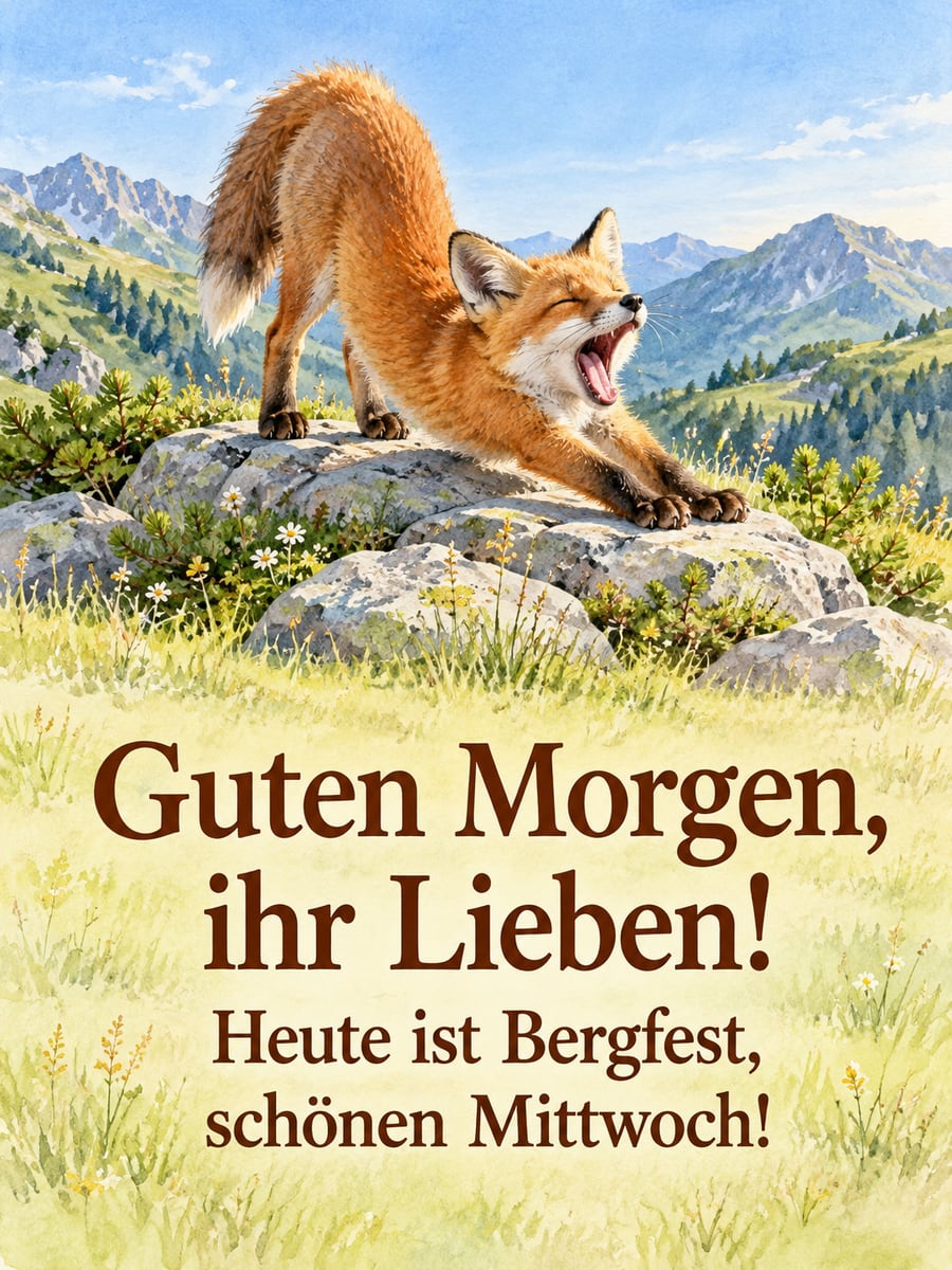 Guten-Morgen-Bild zum Mittwoch mit dem Text „Guten Morgen, ihr Lieben!“ und „Heute ist Bergfest, schönen Mittwoch!“ – Motiv: Fuchswelpe, Almwiese, Steine, Bergfest