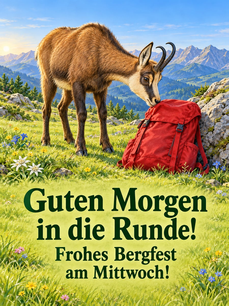 Guten-Morgen-Bild zum Mittwoch mit dem Text „Guten Morgen in die Runde!“ und „Frohes Bergfest am Mittwoch!“ – Motiv: Gämse, Rucksack, Almwiese, Bergfest