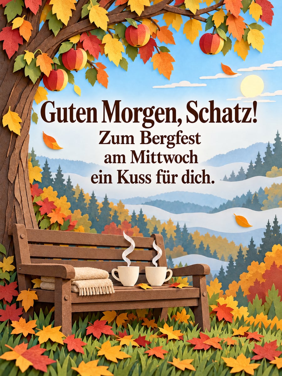 Guten-Morgen-Bild zum Mittwoch mit dem Text „Guten Morgen, Schatz!“ und „Zum Bergfest am Mittwoch ein Kuss für dich.“ – Motiv: Gartenbank, Wolldecke, Tee, Herbstlaub, Papierschnitt
