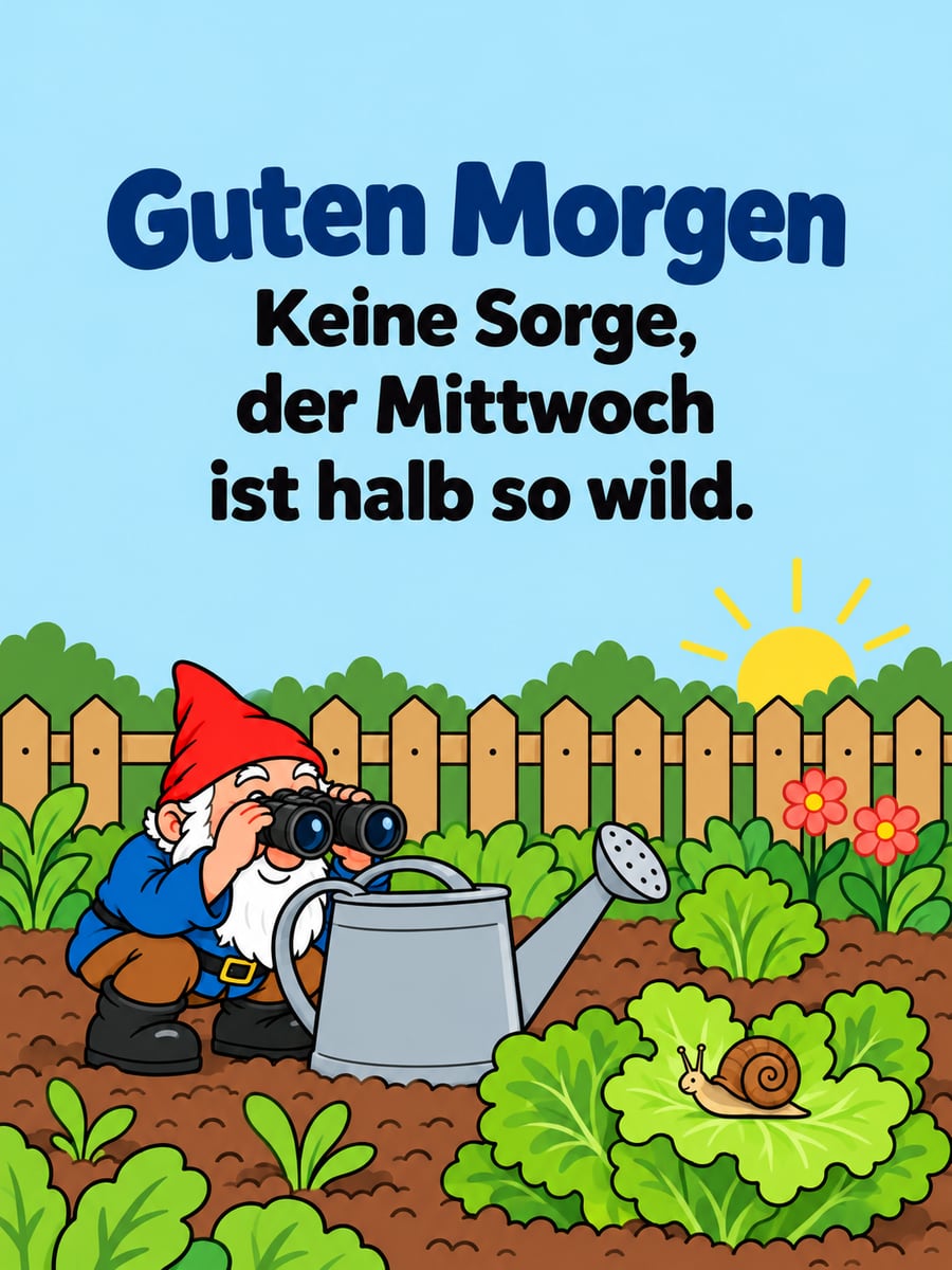 Guten-Morgen-Bild zum Mittwoch mit dem Text „Guten Morgen“ und „Keine Sorge, der Mittwoch ist halb so wild.“ – Motiv: Gartenzwerg, Schnecke, Gemüsebeet, Fernglas
