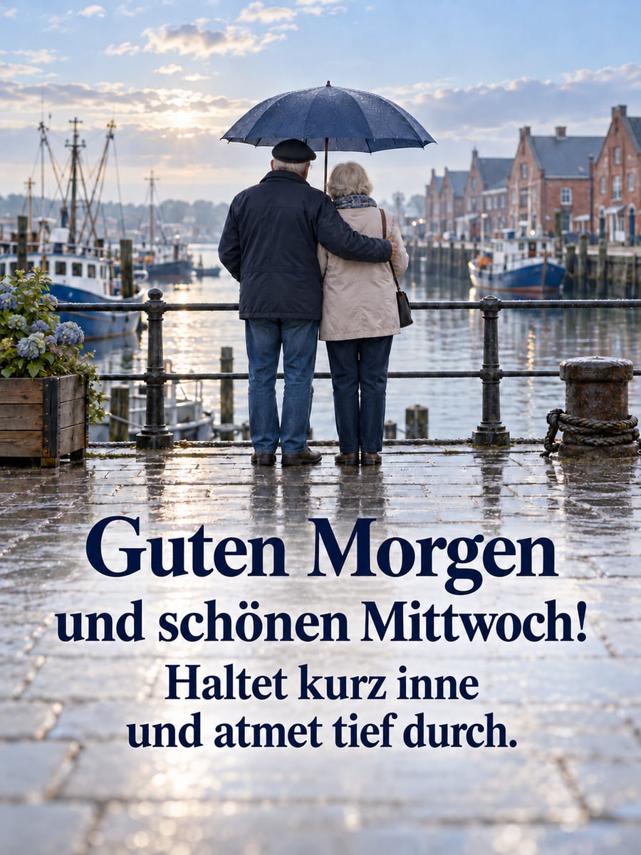 Guten-Morgen-Bild zum Mittwoch mit dem Text „Guten Morgen und schönen Mittwoch!“ und „Haltet kurz inne und atmet tief durch.“ – Motiv: Hafen, Regenschirm, Ehepaar, Fischerboote, Regenschauer