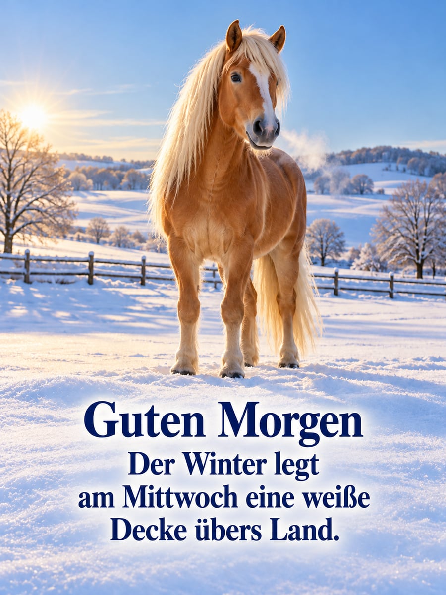 Guten-Morgen-Bild zum Mittwoch mit dem Text „Guten Morgen“ und „Der Winter legt am Mittwoch eine weiße Decke übers Land.“ – Motiv: Haflinger, Schneewiese, Winterlandschaft, Atemwolke