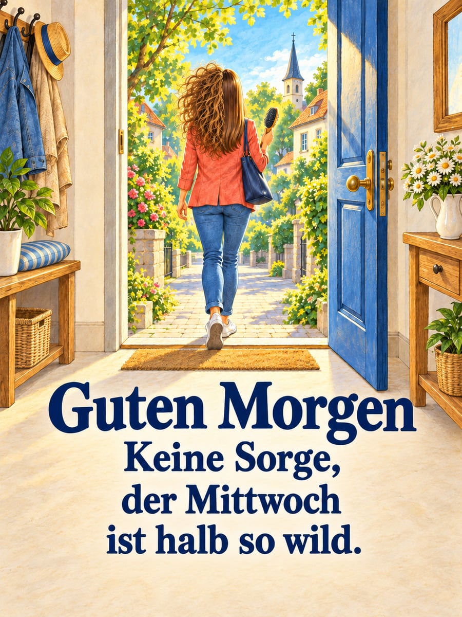 Guten-Morgen-Bild zum Mittwoch mit dem Text „Guten Morgen“ und „Keine Sorge, der Mittwoch ist halb so wild.“ – Motiv: Frisur, Haarbürste, Haustür, Morgenhektik
