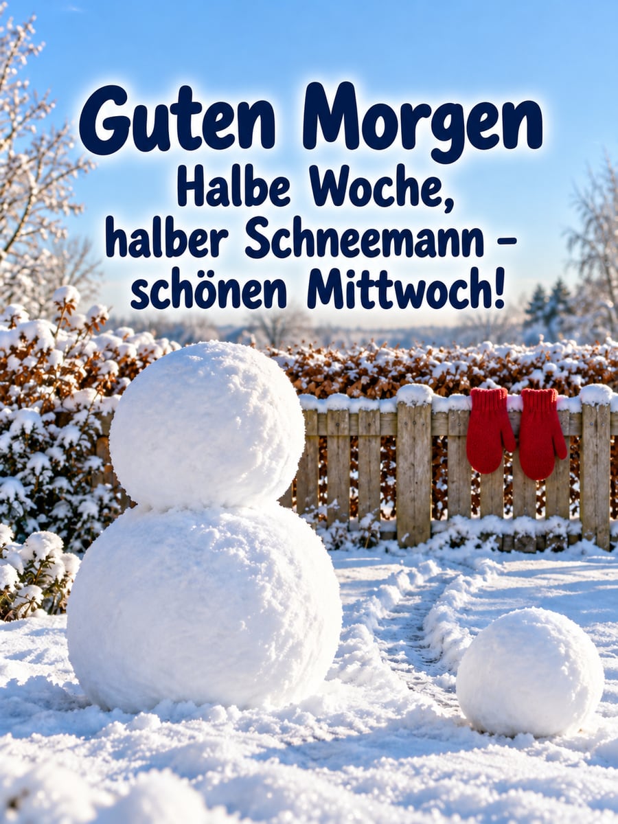 Guten-Morgen-Bild zum Mittwoch mit dem Text „Guten Morgen“ und „Halbe Woche, halber Schneemann – schönen Mittwoch!“ – Motiv: Schneemann, Schneebälle, Garten, Fäustlinge