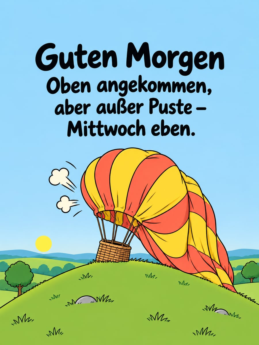 Guten-Morgen-Bild zum Mittwoch mit dem Text „Guten Morgen“ und „Oben angekommen, aber außer Puste – Mittwoch eben.“ – Motiv: Heißluftballon, Hügel, Bergfest