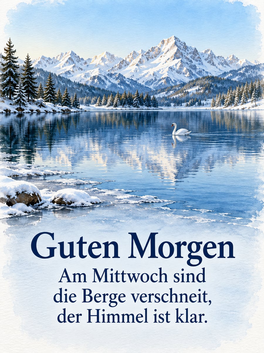 Guten-Morgen-Bild zum Mittwoch mit dem Text „Guten Morgen“ und „Am Mittwoch sind die Berge verschneit, der Himmel ist klar.“ – Motiv: Höckerschwan, Bergsee, verschneite Berge, klarer Himmel