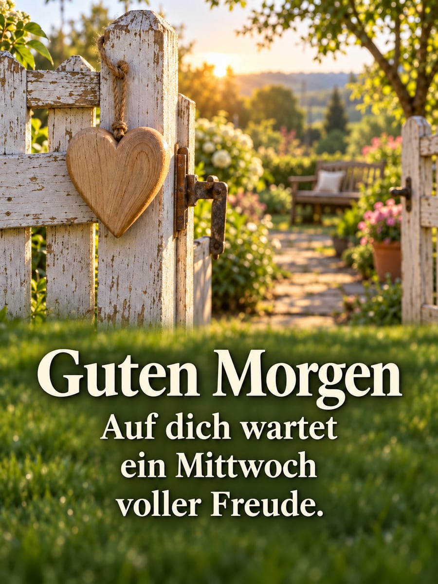 Guten-Morgen-Bild zum Mittwoch mit dem Text „Guten Morgen“ und „Auf dich wartet ein Mittwoch voller Freude.“ – Motiv: Holzherz, Gartentor, Gartenweg