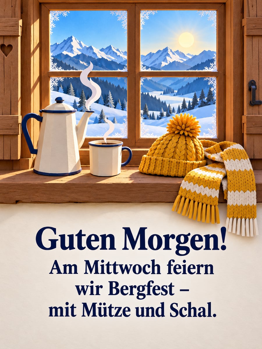 Guten-Morgen-Bild zum Mittwoch mit dem Text „Guten Morgen!“ und „Am Mittwoch feiern wir Bergfest – mit Mütze und Schal.“ – Motiv: Kaffee, Berghütte, Mütze, Schal, Schnee