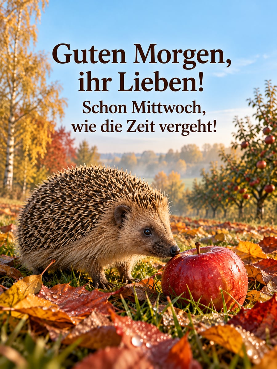 Guten-Morgen-Bild zum Mittwoch mit dem Text „Guten Morgen, ihr Lieben!“ und „Schon Mittwoch, wie die Zeit vergeht!“ – Motiv: Igel, Apfel, Herbstlaub, Morgennebel