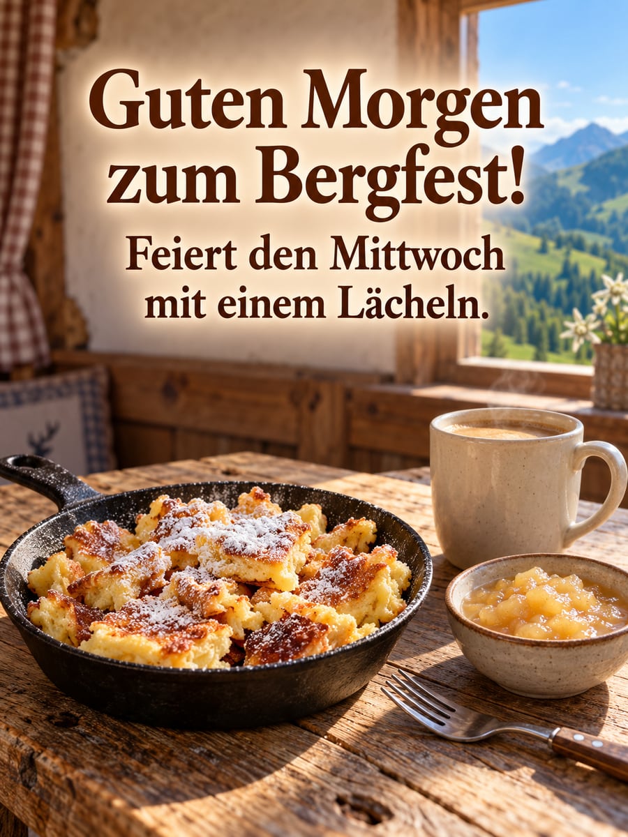 Guten-Morgen-Bild zum Mittwoch mit dem Text „Guten Morgen zum Bergfest!“ und „Feiert den Mittwoch mit einem Lächeln.“ – Motiv: Kaiserschmarrn, Berghütte, Apfelmus, Kaffee, Bergfest