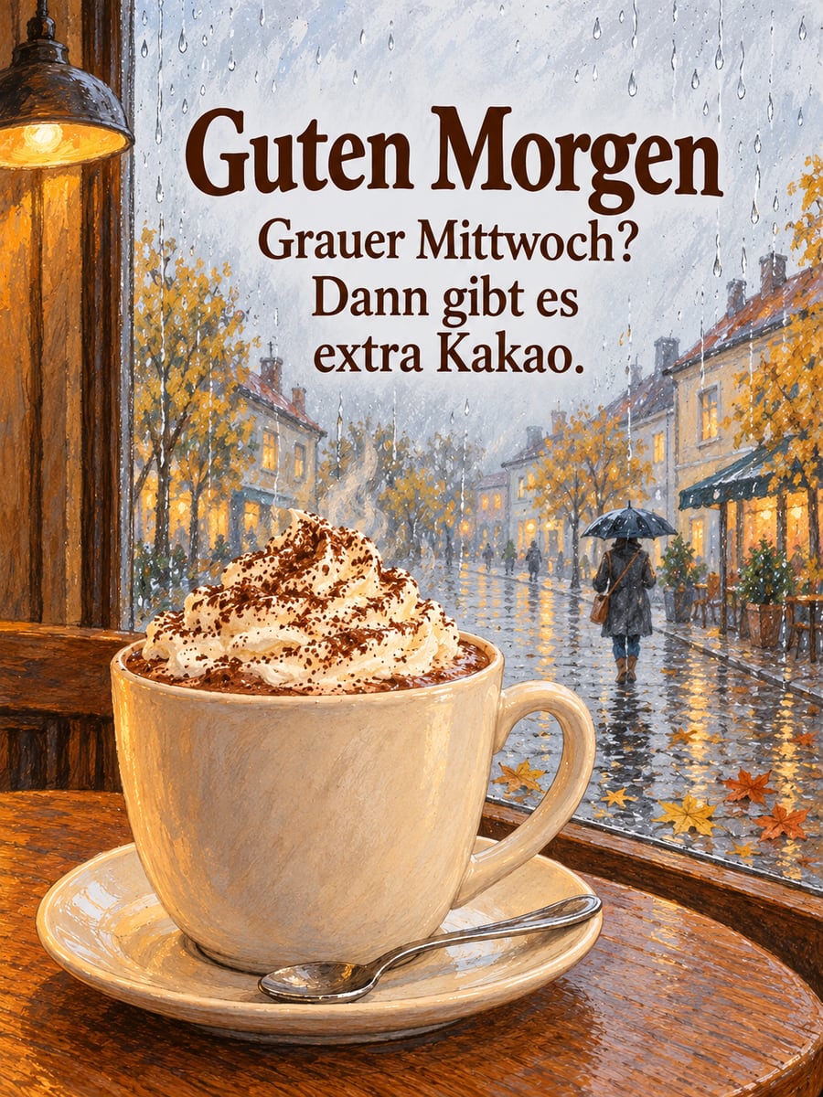 Guten-Morgen-Bild zum Mittwoch mit dem Text „Guten Morgen“ und „Grauer Mittwoch? Dann gibt es extra Kakao.“ – Motiv: Kakao, Regen, Café, Herbst, Sahne
