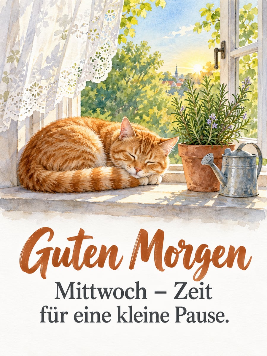 Guten-Morgen-Bild zum Mittwoch mit dem Text „Guten Morgen“ und „Mittwoch – Zeit für eine kleine Pause.“ – Motiv: Katze, Fensterbank, Rosmarin, Pause
