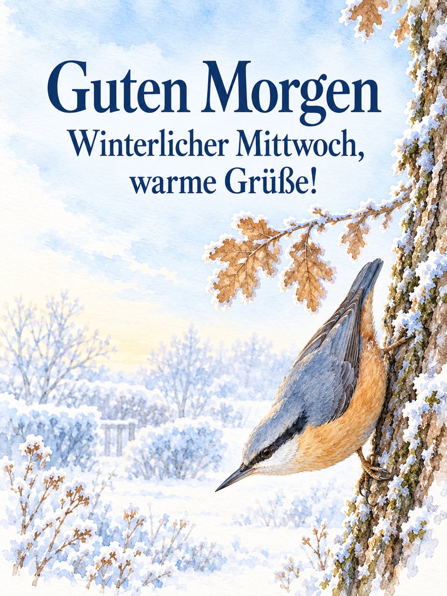 Guten-Morgen-Bild zum Mittwoch mit dem Text „Guten Morgen“ und „Winterlicher Mittwoch, warme Grüße!“ – Motiv: Kleiber, Raureif, Eiche, Winter