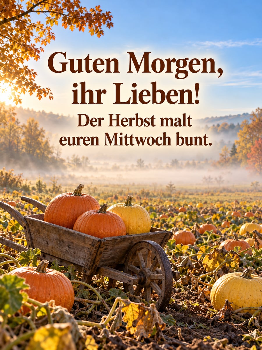 Guten-Morgen-Bild zum Mittwoch mit dem Text „Guten Morgen, ihr Lieben!“ und „Der Herbst malt euren Mittwoch bunt.“ – Motiv: Kürbisfeld, Morgennebel, Herbst, Schubkarre
