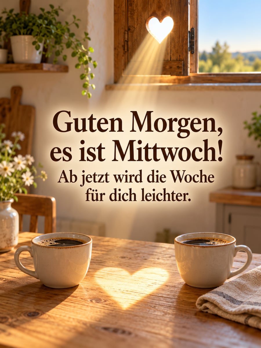 Guten-Morgen-Bild zum Mittwoch mit dem Text „Guten Morgen, es ist Mittwoch!“ und „Ab jetzt wird die Woche für dich leichter.“ – Motiv: Lichtherz, Fensterladen, Kaffeetassen, Küche