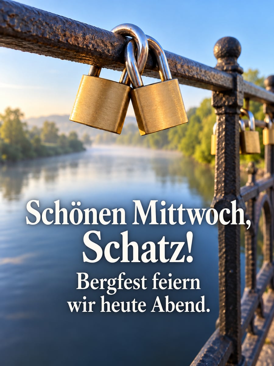 Guten-Morgen-Bild zum Mittwoch mit dem Text „Schönen Mittwoch, Schatz!“ und „Bergfest feiern wir heute Abend.“ – Motiv: Liebesschloss, Brücke, Fluss, Morgennebel